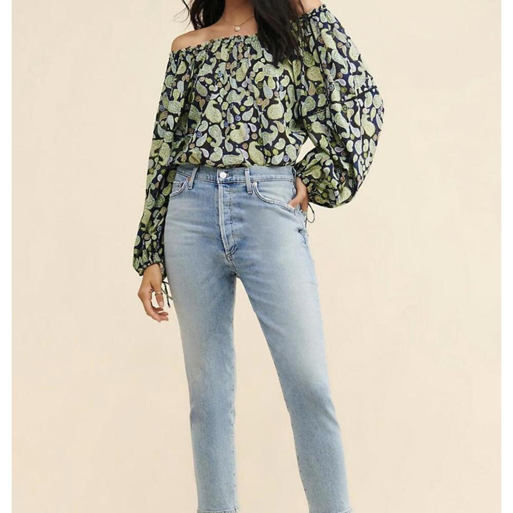 Free People Sundown Green Paisley Cotton Tied Sleeve Bodysuit - Size - Small